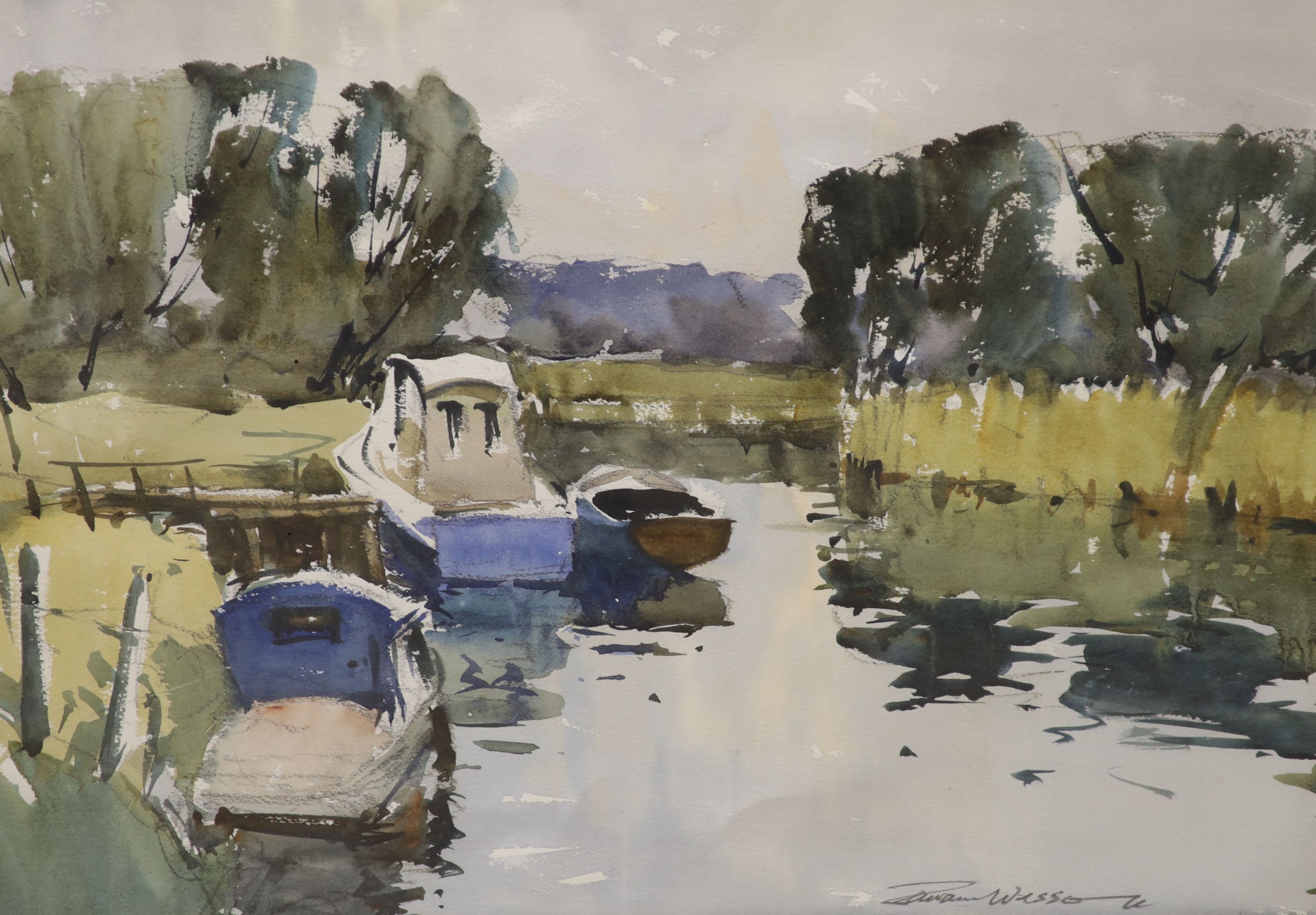 Edward Wesson (1910-1983), watercolour, Moored boats along a river, signed, 41 x 58cm